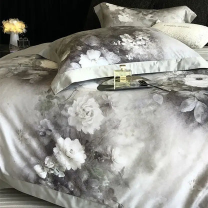 Gray and white ruffled flowers pattern brushed bedding set bedroom