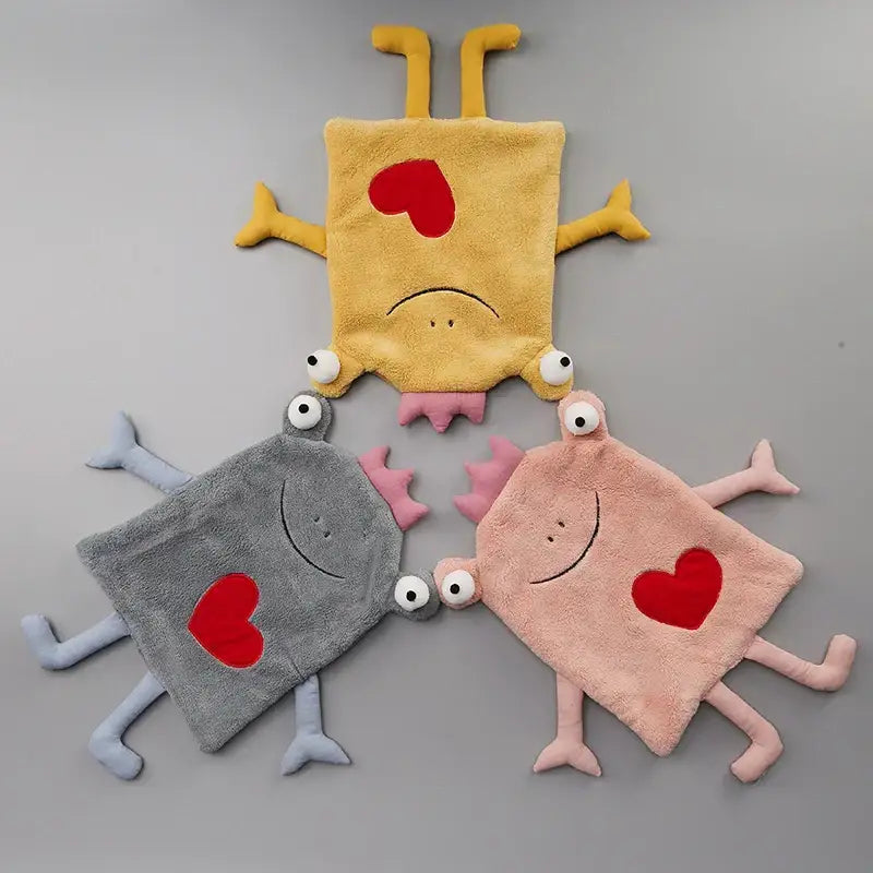 Gray and yellow frog design hand towel bathroom plush monster decor