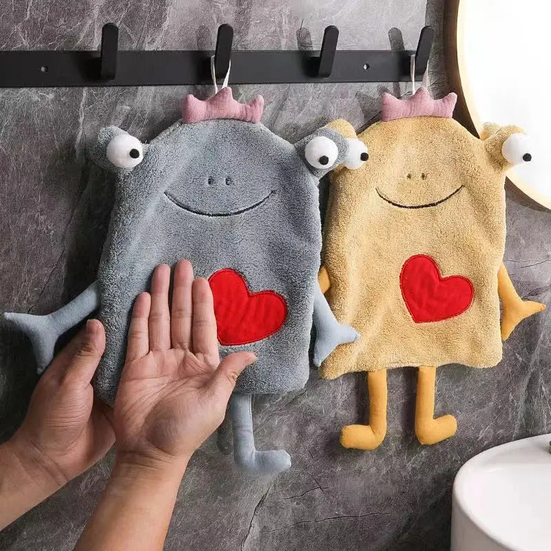 Gray and yellow frog design hand towel bathroom plush monster decor
