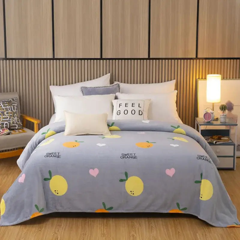 Gray and yellow fruit love heart sofa blanket bedroom fleece decor