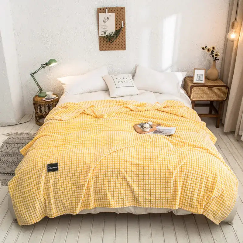 Gray and yellow plaid coral fleece bed blanket bedroom bedspread