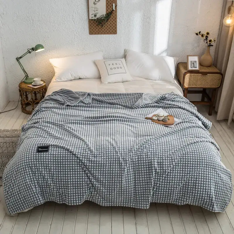 Gray and yellow plaid coral fleece bed blanket bedroom bedspread