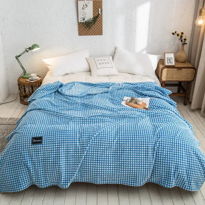 Gray and yellow plaid coral fleece bed blanket bedroom bedspread