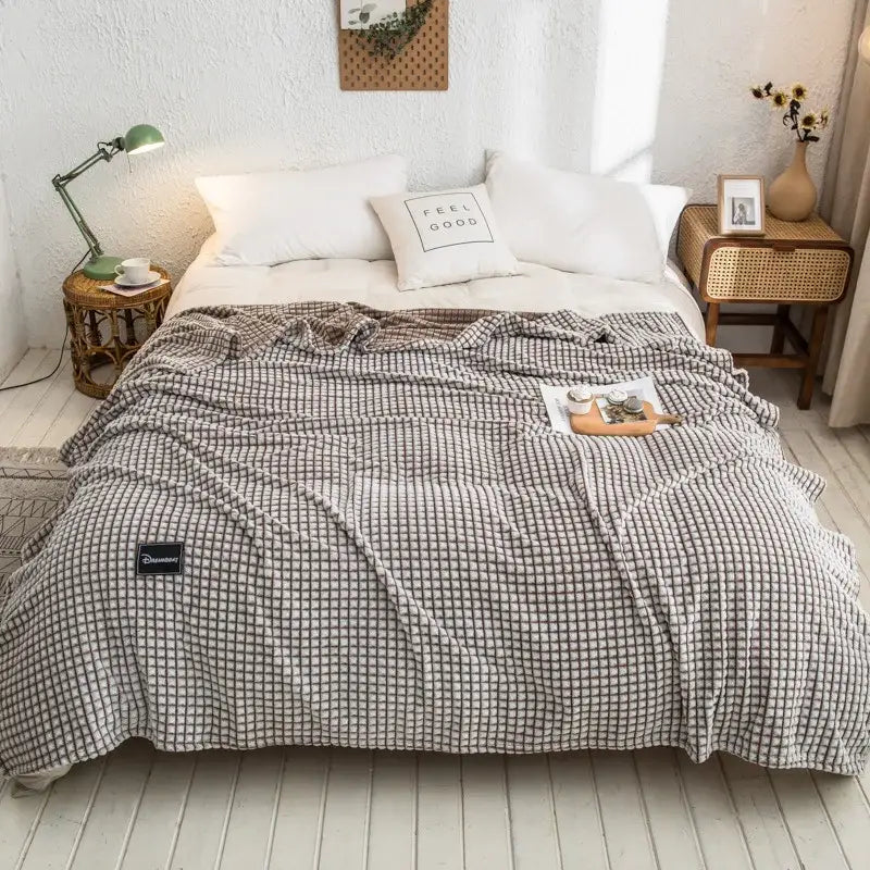 Gray and yellow plaid coral fleece bed blanket bedroom bedspread