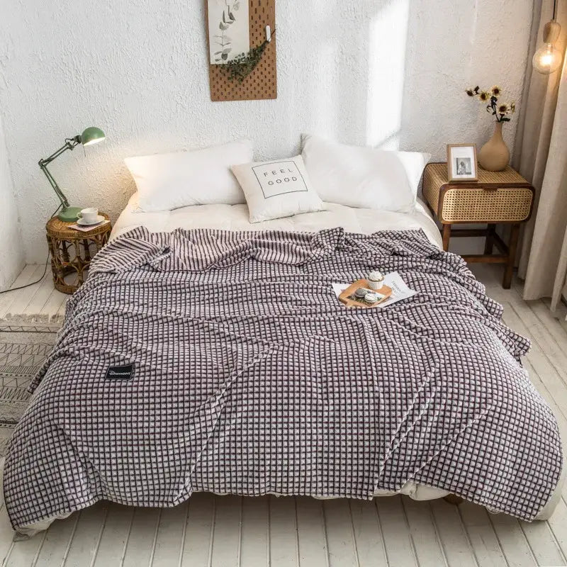 Gray and yellow plaid coral fleece bed blanket bedroom bedspread