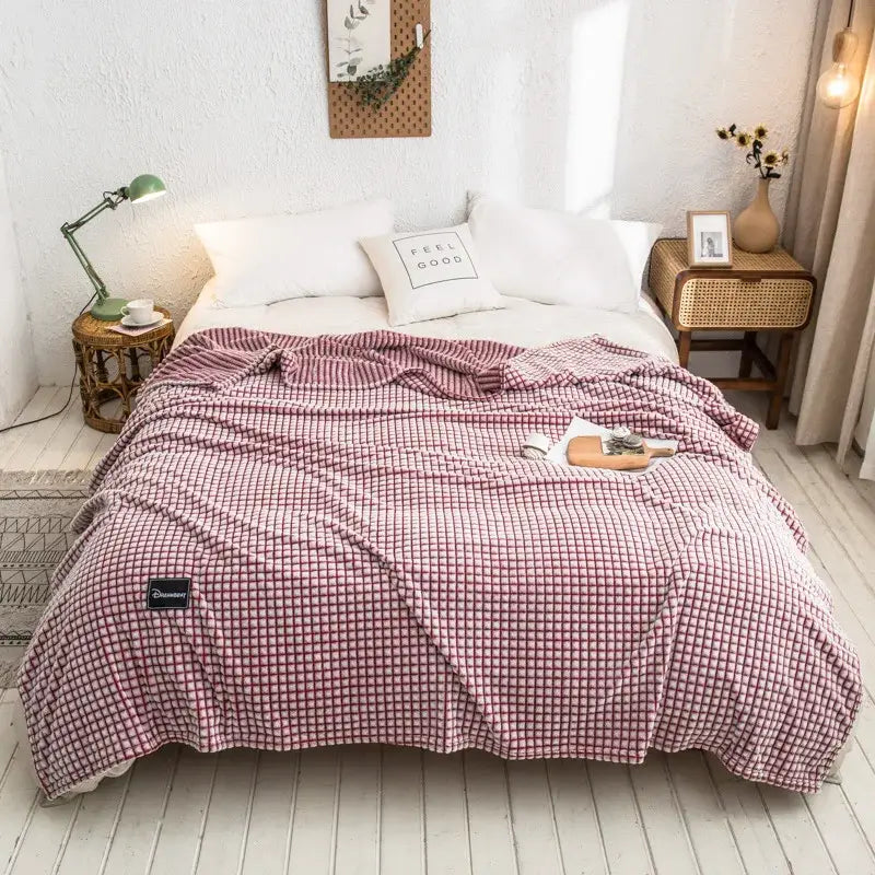 Gray and yellow plaid coral fleece bed blanket bedroom bedspread