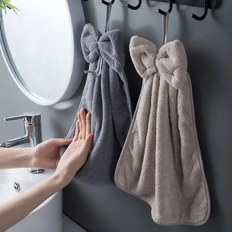 Gray & beige bowknot coral velvet hand towels kitchen cleaning cloths