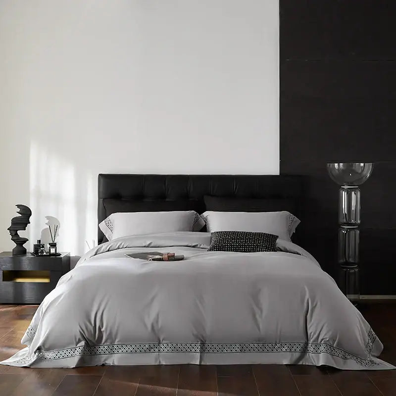 Gray & black egyptian cotton hotel bedding set bedroom geometric embroidery