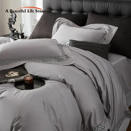 Gray & black egyptian cotton hotel bedding set bedroom geometric embroidery