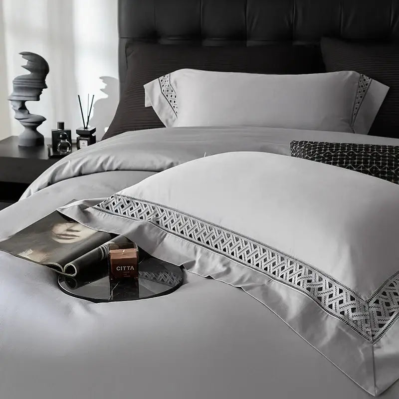 Gray & black egyptian cotton hotel bedding set bedroom geometric embroidery