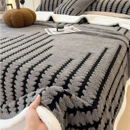 Gray & black jacquard blanket thick lamb wool living room shawl