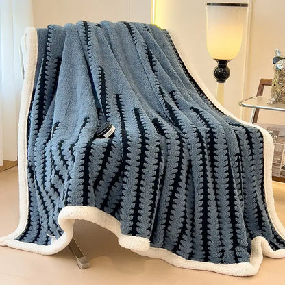 Gray & black jacquard blanket thick lamb wool living room shawl