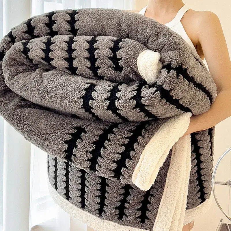 Gray & black jacquard blanket thick lamb wool living room shawl