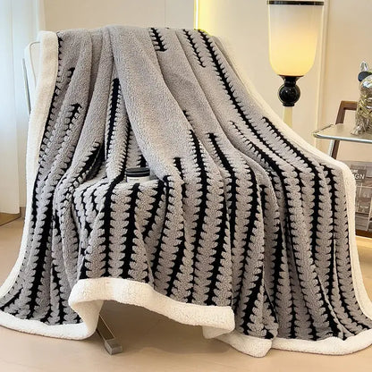 Gray & black jacquard blanket thick lamb wool living room shawl