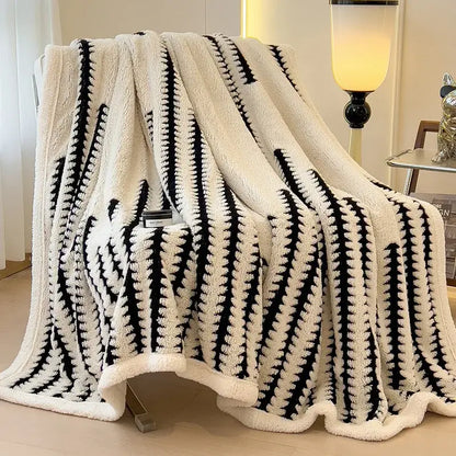 Gray & black jacquard blanket thick lamb wool living room shawl