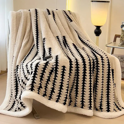 Gray & black jacquard blanket thick lamb wool living room shawl