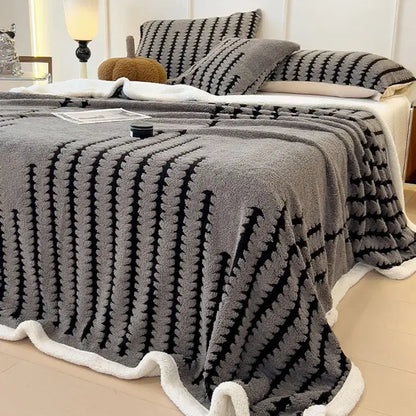 Gray & black jacquard blanket thick lamb wool living room shawl