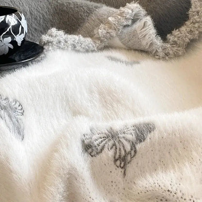 Gray butterfly jacquard imitation mink fur blanket bedroom throw