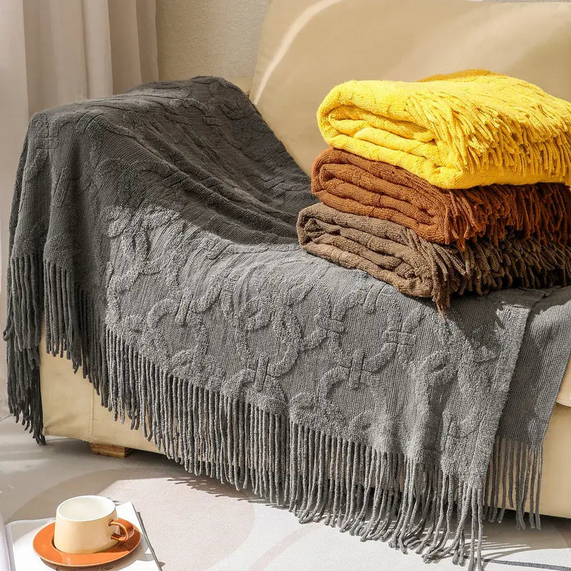 Gray cable knit blanket sofa throw living room fringe decor