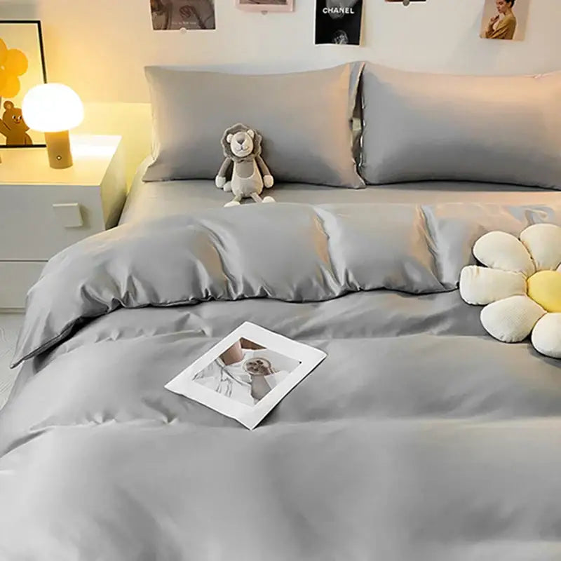 Gray double color blocked ice silk bedding set bedroom duvet cover