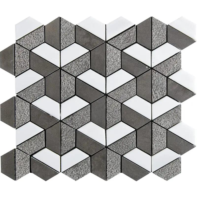 Gray Foussana, Bianco Dolomiti Textured 3d Hexagon Limestone Mosaics 10 3/8x12