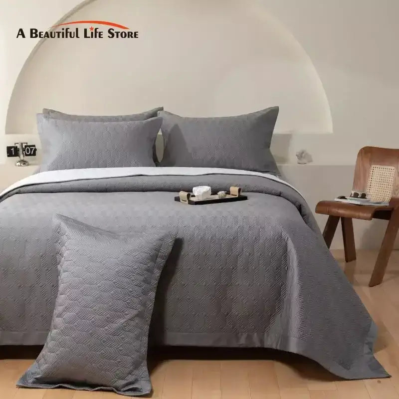 Gray geometric quilted egyptian cotton bedspread set bedroom