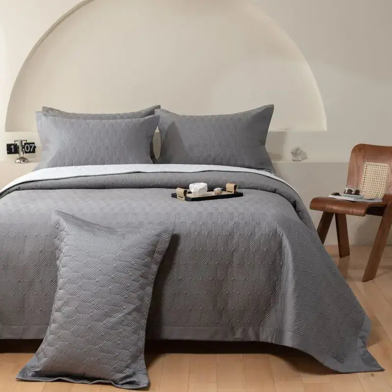 Gray geometric quilted egyptian cotton bedspread set bedroom