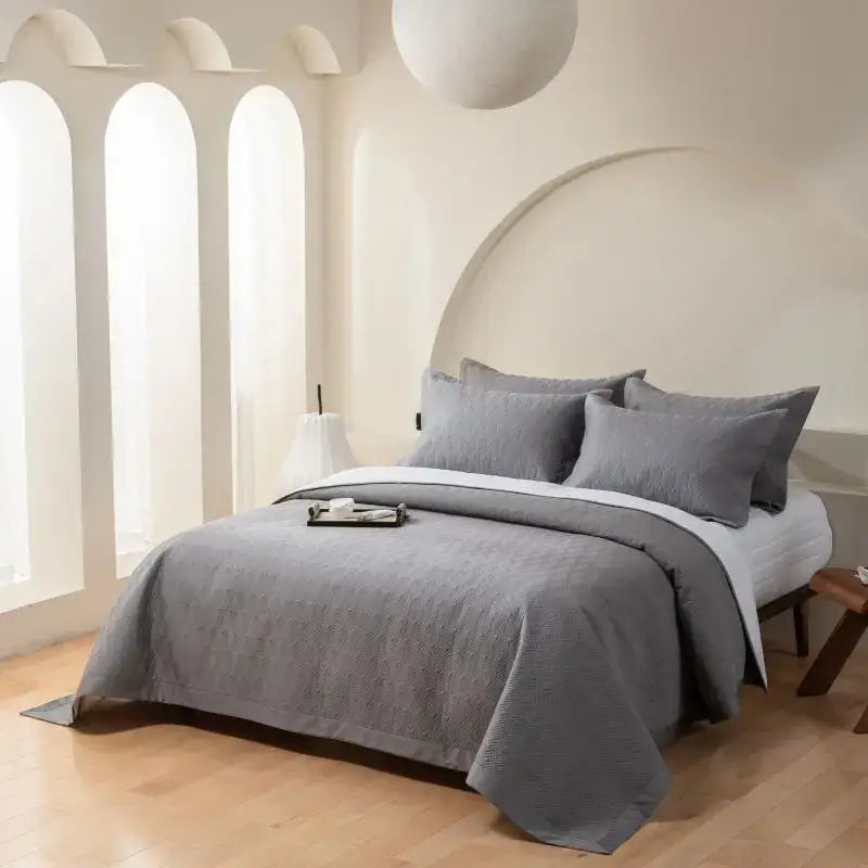 Gray geometric quilted egyptian cotton bedspread set bedroom