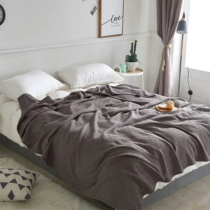 Gray herringbone cotton waffle towel quilt for bedroom or office