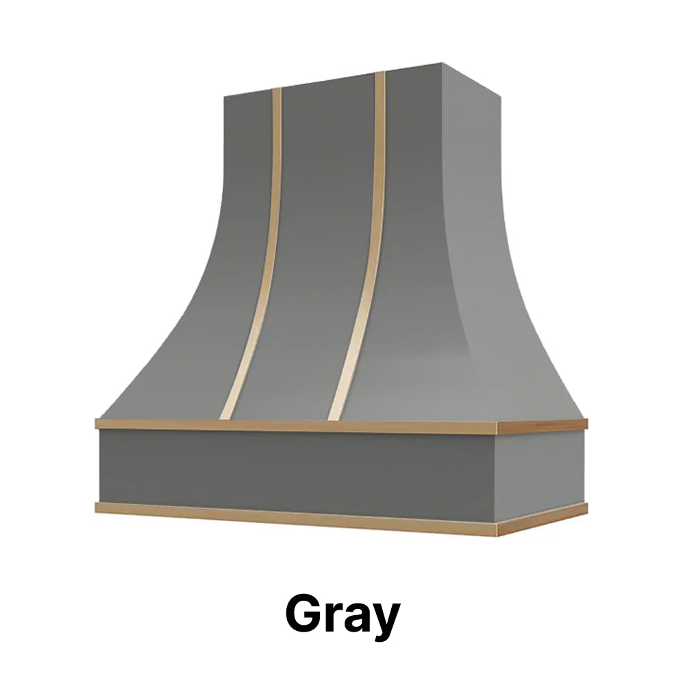 Wood Range Hood With Curved Front and Brass Strapping and Flat Trim - 30" 36" 42" 48" 54" and 60" Widths Available