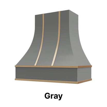 Wood Range Hood With Curved Front and Brass Strapping and Flat Trim - 30" 36" 42" 48" 54" and 60" Widths Available