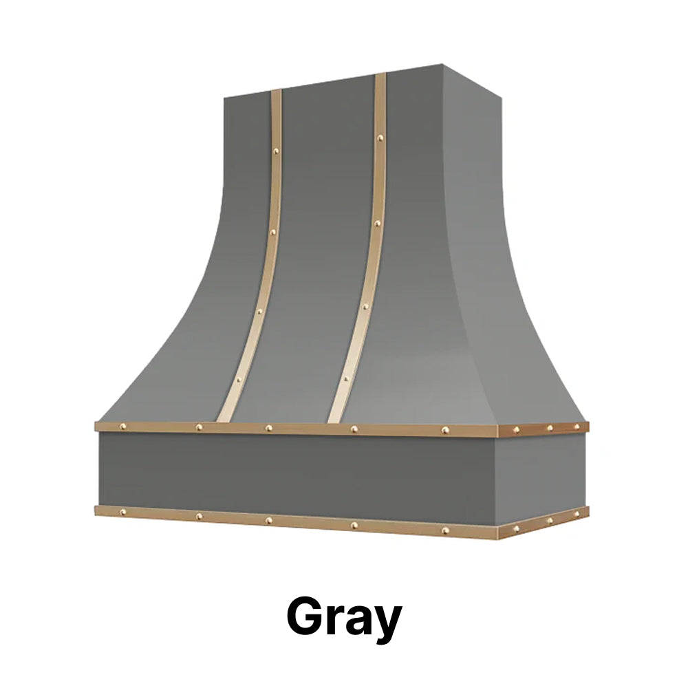 Wood Range Hood With Curved Front, Brass Strapping and Buttons - 30", 36", 42", 48", 54" and 60" Widths Available