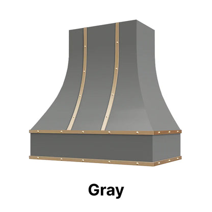 Wood Range Hood With Curved Front, Brass Strapping and Buttons - 30", 36", 42", 48", 54" and 60" Widths Available