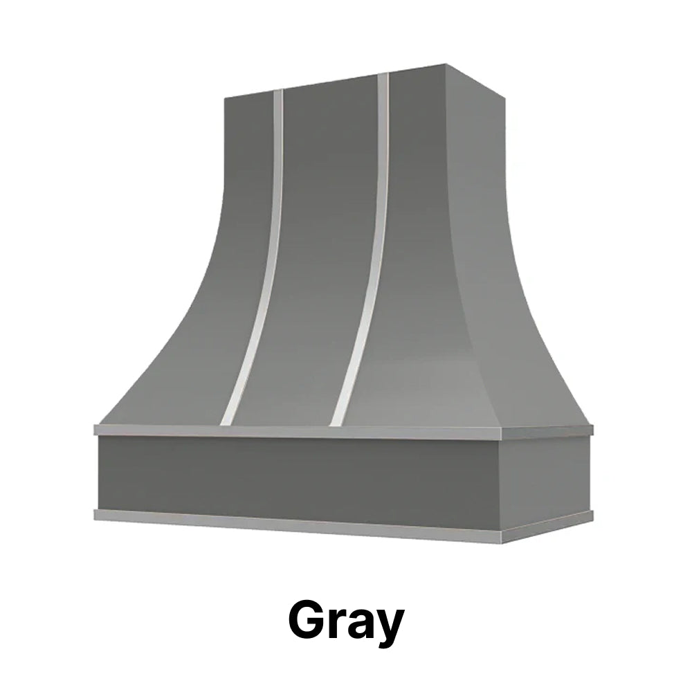 Wood Range Hood With Curved Front, Silver Strapping and Block Trim - 30", 36", 42", 48", 54" and 60" Widths Available