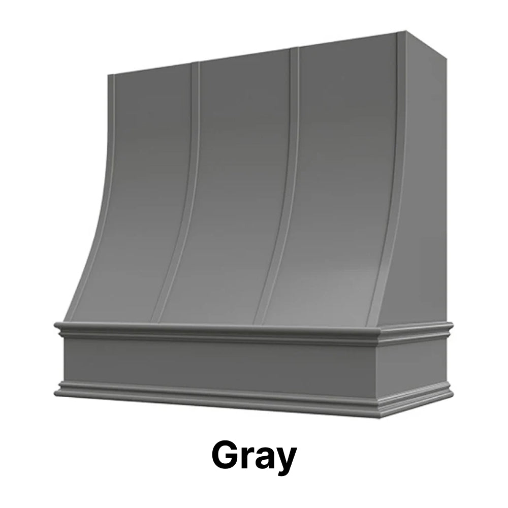Wood Range Hood With Sloped Strapped Front and Decorative Trim - 30", 36", 42", 48", 54" and 60" Widths Available