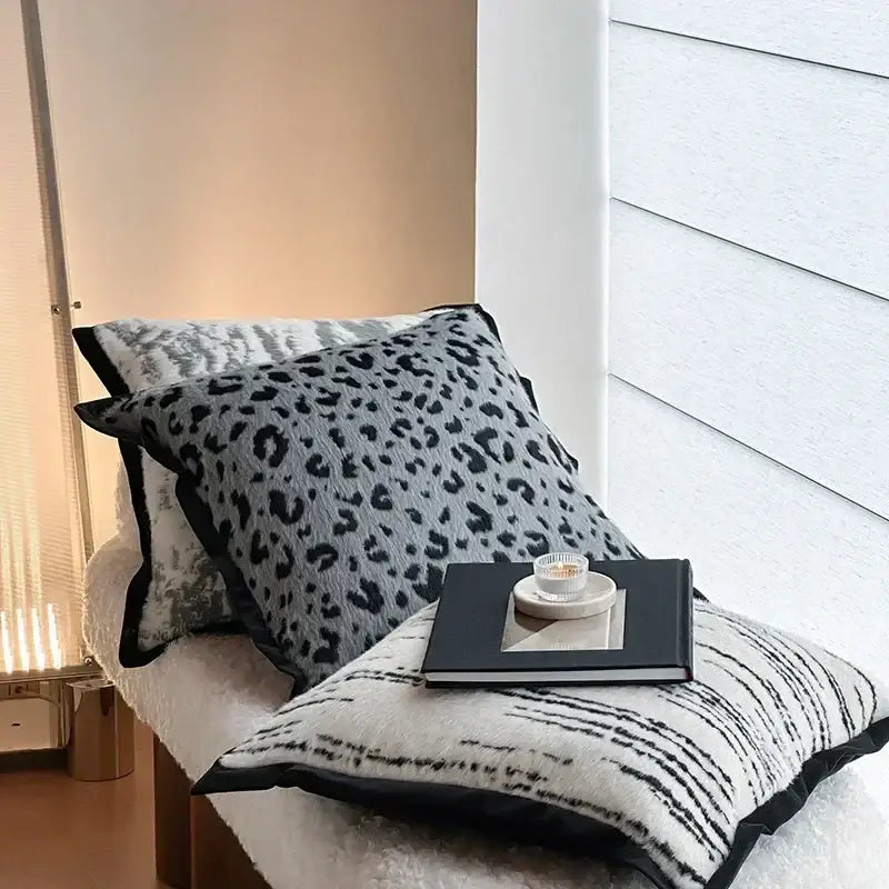 Gray leopard print luxury mink fur blanket bedroom fringed throw