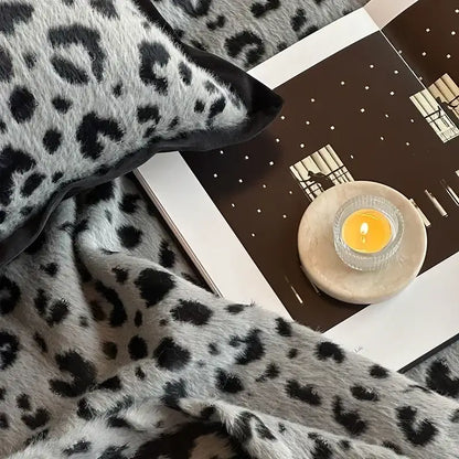 Gray leopard print luxury mink fur blanket bedroom fringed throw