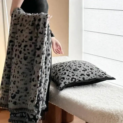 Gray leopard print luxury mink fur blanket bedroom fringed throw