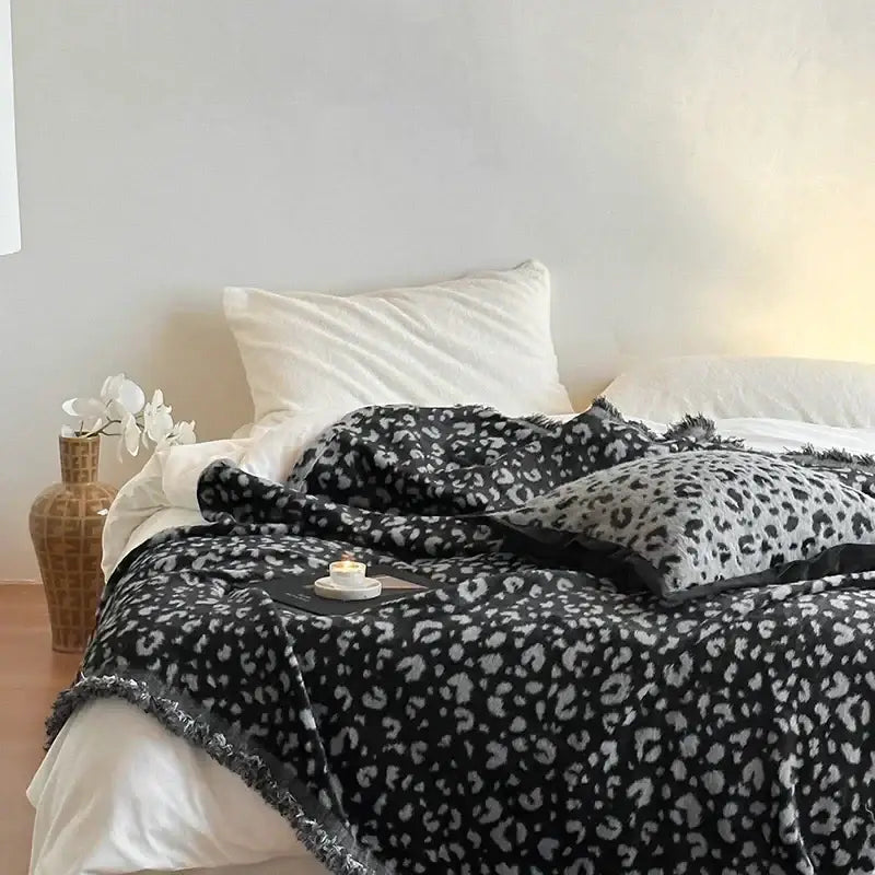 Gray leopard print luxury mink fur blanket bedroom fringed throw