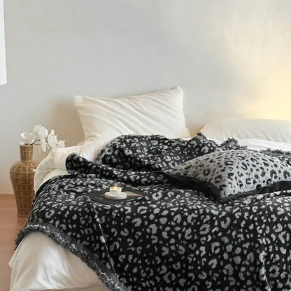 Gray leopard print luxury mink fur blanket bedroom fringed throw