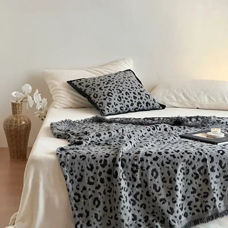 Gray leopard print luxury mink fur blanket bedroom fringed throw