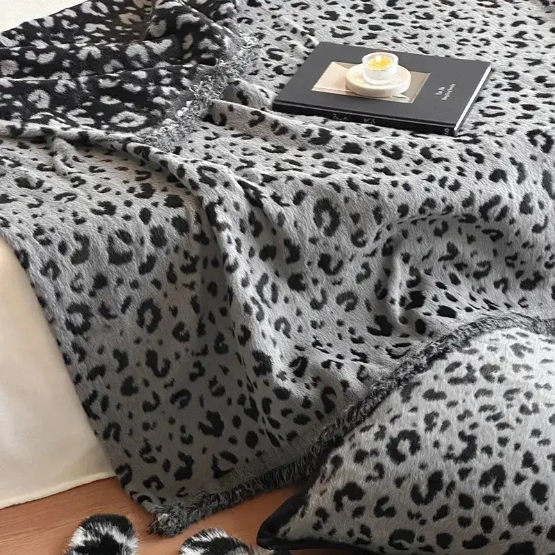 Gray leopard print luxury mink fur blanket bedroom fringed throw