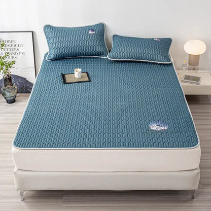 Gray quilted latex bed mat set with cloud embroidery bedroom matress pad
