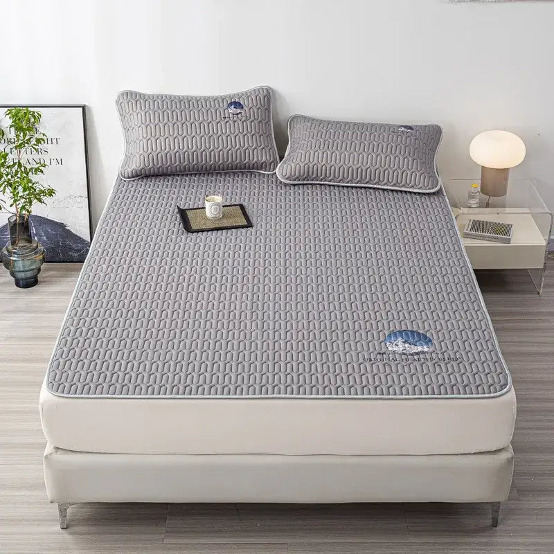 Gray quilted latex bed mat set with cloud embroidery bedroom matress pad