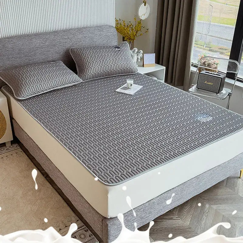 Gray quilted latex bed mat set with cloud embroidery bedroom matress pad