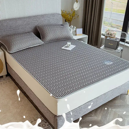 Gray quilted latex bed mat set with cloud embroidery bedroom matress pad