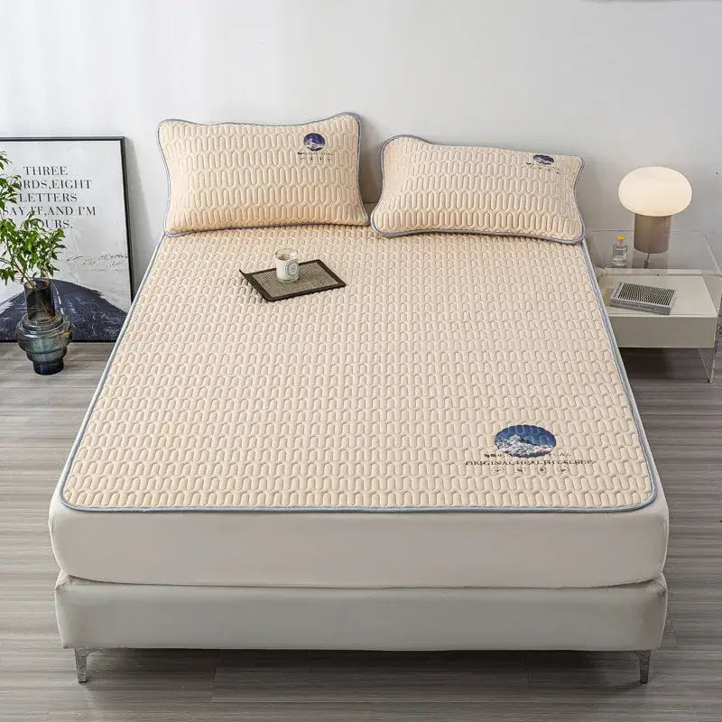Gray quilted latex bed mat set with cloud embroidery bedroom matress pad