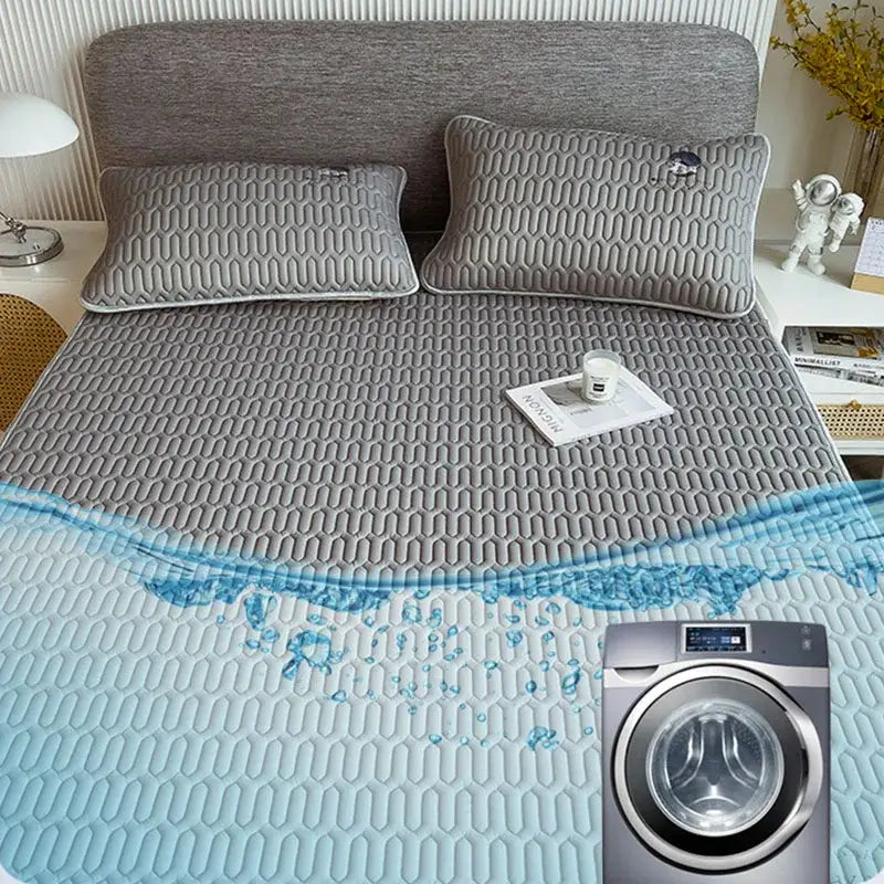 Gray quilted latex bed mat set with cloud embroidery bedroom matress pad
