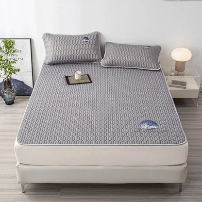 Gray quilted latex bed mat set with cloud embroidery bedroom matress pad