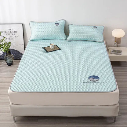 Gray quilted latex bed mat set with cloud embroidery bedroom matress pad